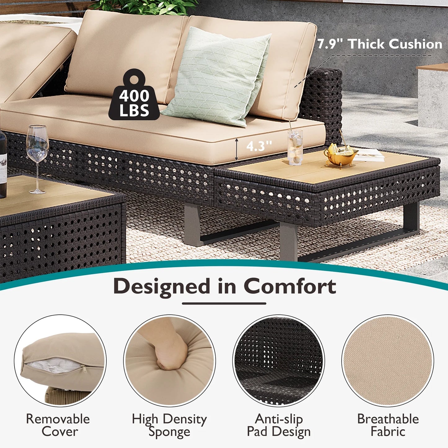6-Piece Outdoor Sectional Furniture Set for Patio, Expandable Coffee Table w/Ice Bucket & Collapsible Seat, Deep Cushions - Khaki