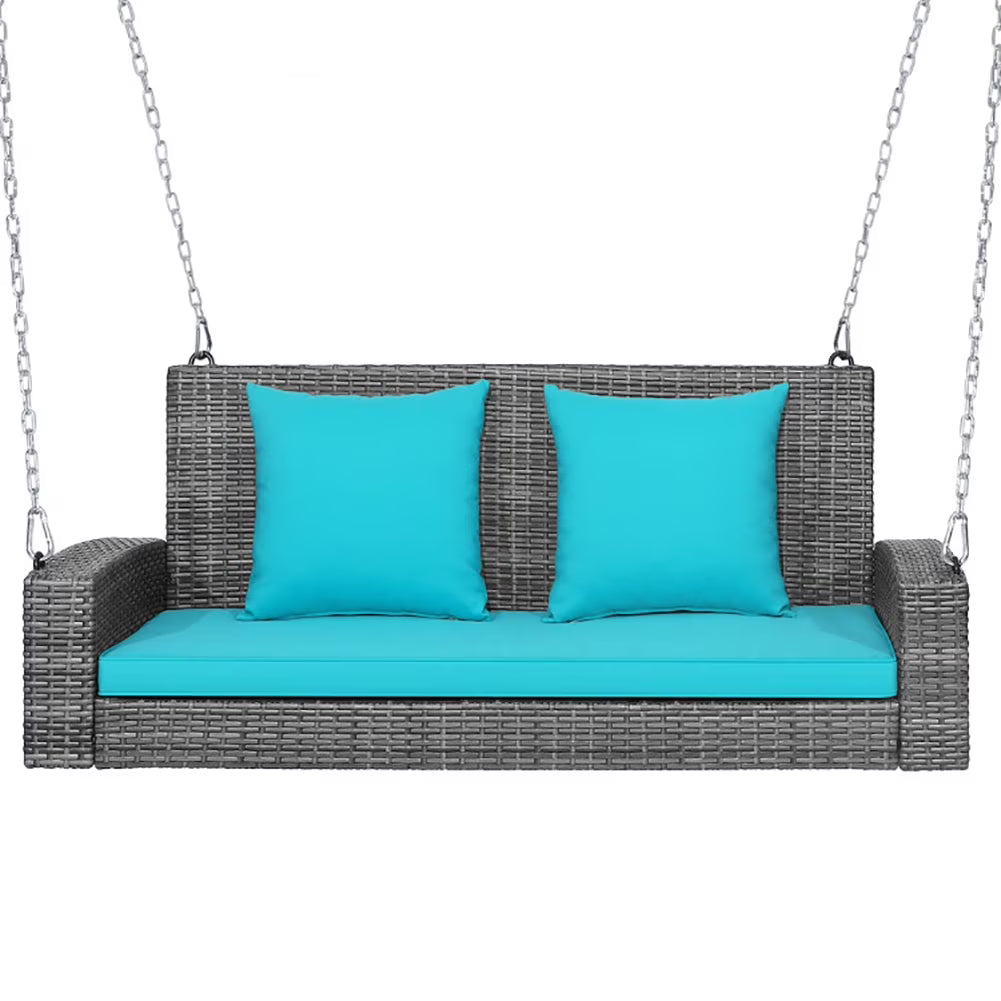 Yardi Yard 2-Person Patio Rattan Porch Swing with Cushions-Black, Porch Swing Hanging Bench, Wicker Outdoor Swing Bench with Cushion and Pillow for Patio, Yard, Garden