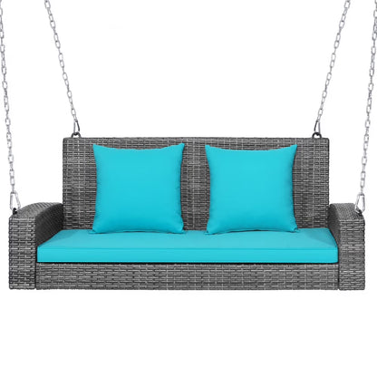 Yardi Yard 2-Person Patio Rattan Porch Swing with Cushions-Black, Porch Swing Hanging Bench, Wicker Outdoor Swing Bench with Cushion and Pillow for Patio, Yard, Garden