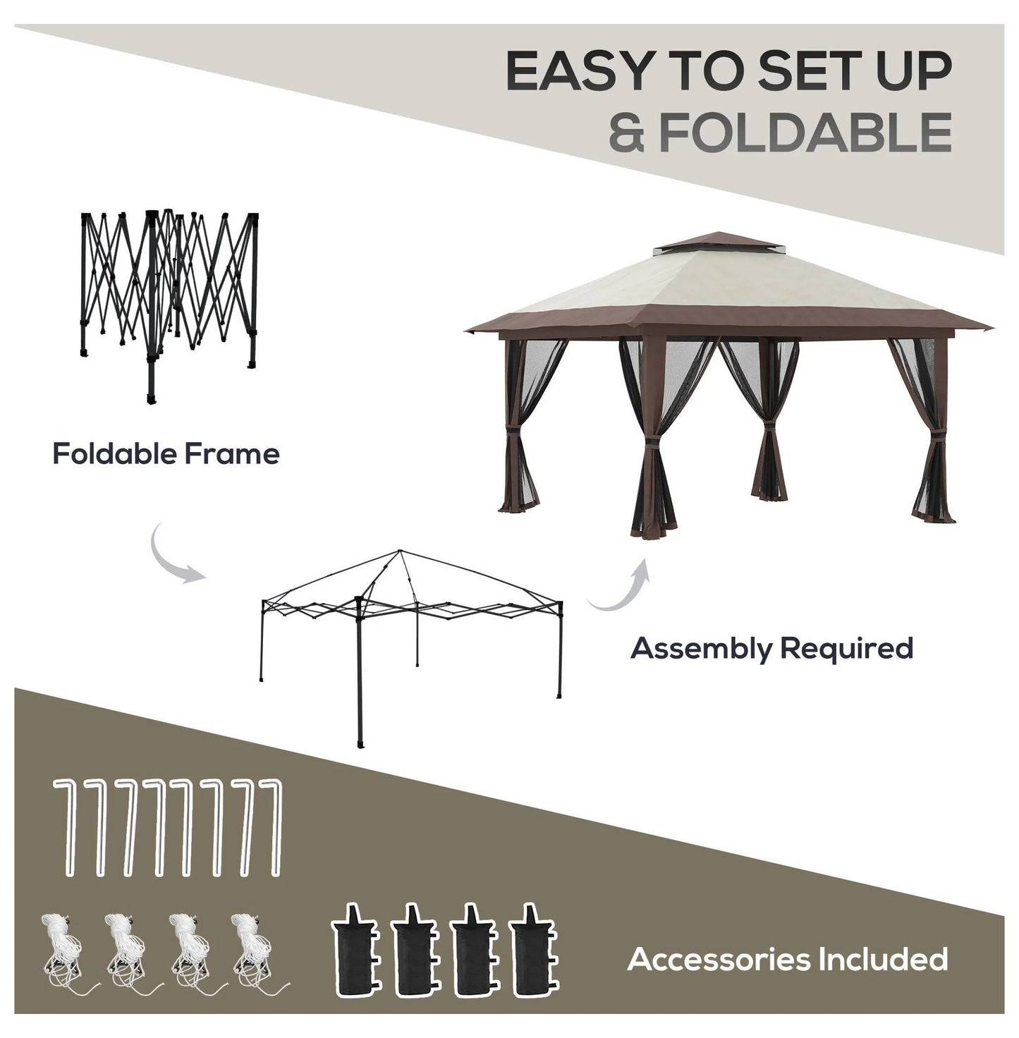 Pop Up Gazebo 13x13ft - Beige Patio Canopy Tent with Mesh Walls