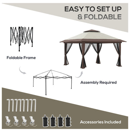 Pop Up Gazebo 13x13ft - Beige Patio Canopy Tent with Mesh Walls