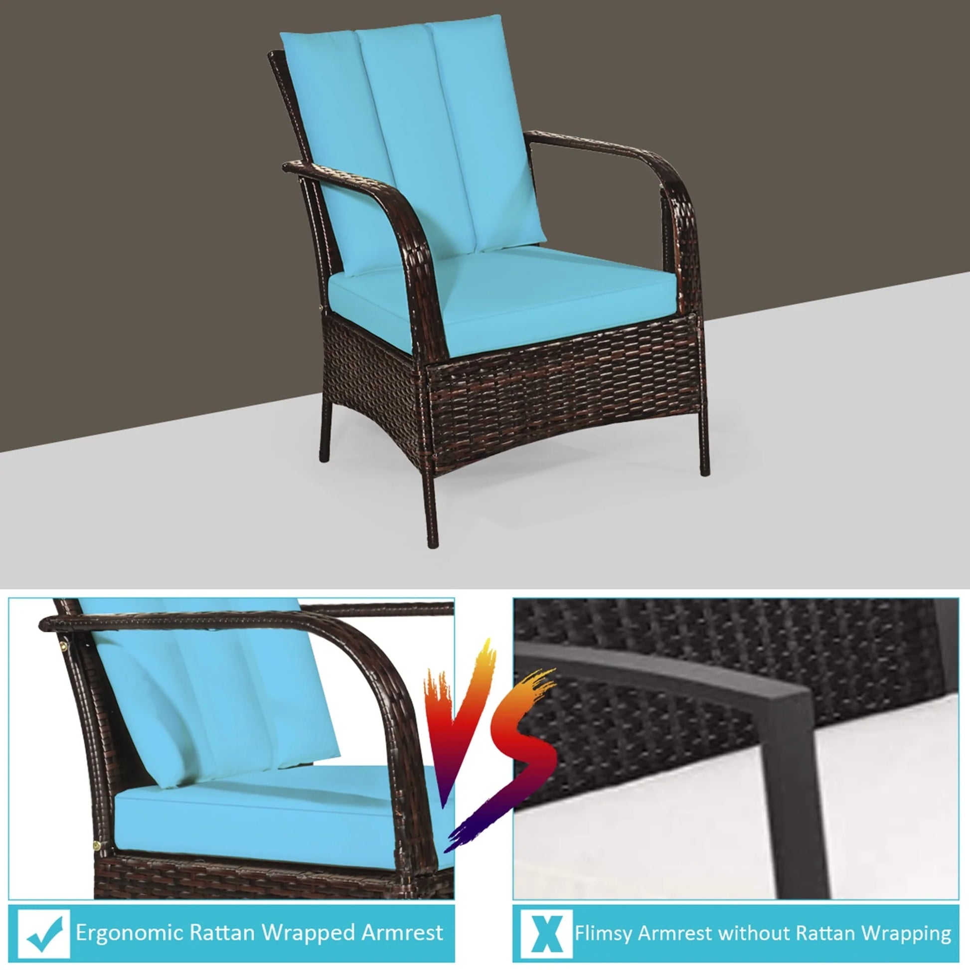 Gymax 3PCS Patio Rattan Conversation Set Outdoor Furniture Set w/Turquoise Cushion