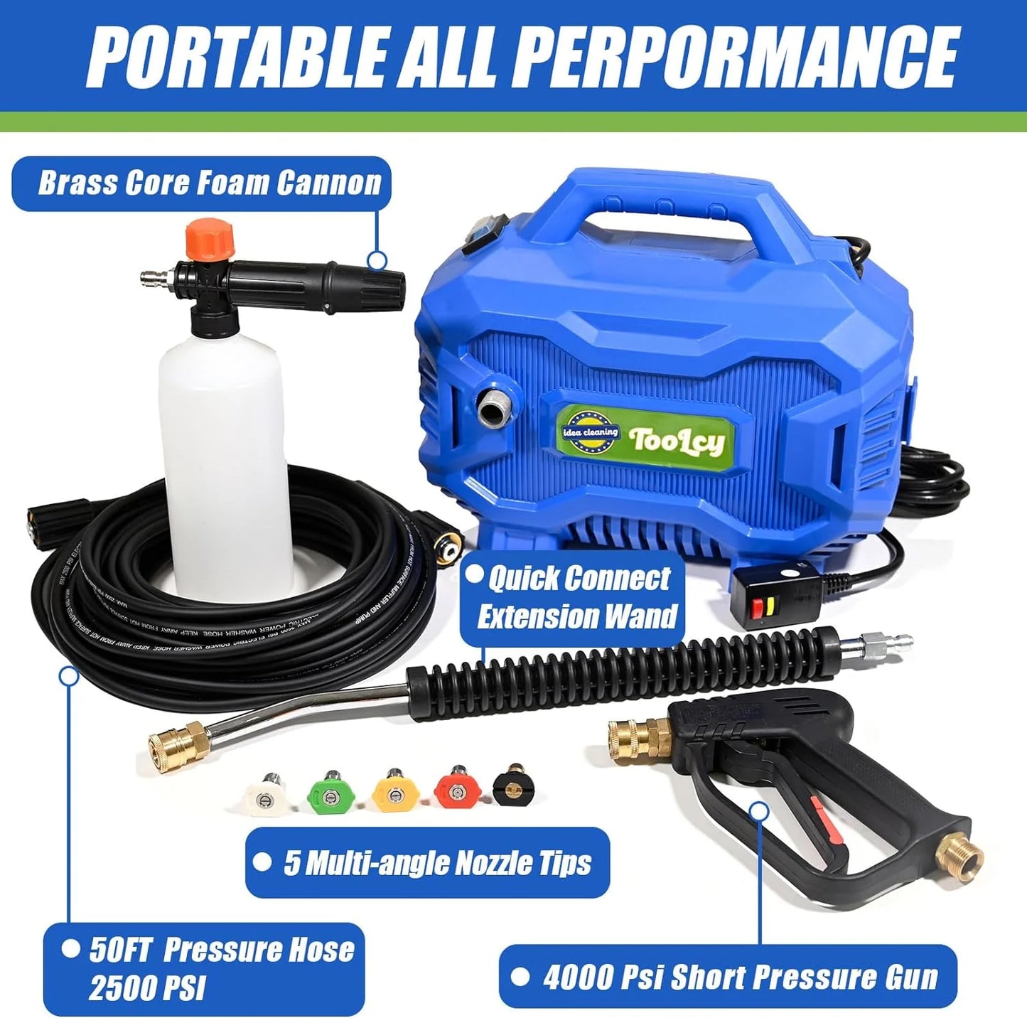 Pressure Washer 2030 PSI Max, Power Washer Electric Powered, 50FT Pressure Hose, Short Gun & Extension Wand, Foam Cannon, 5 Nozzles, Cars Patios Washer