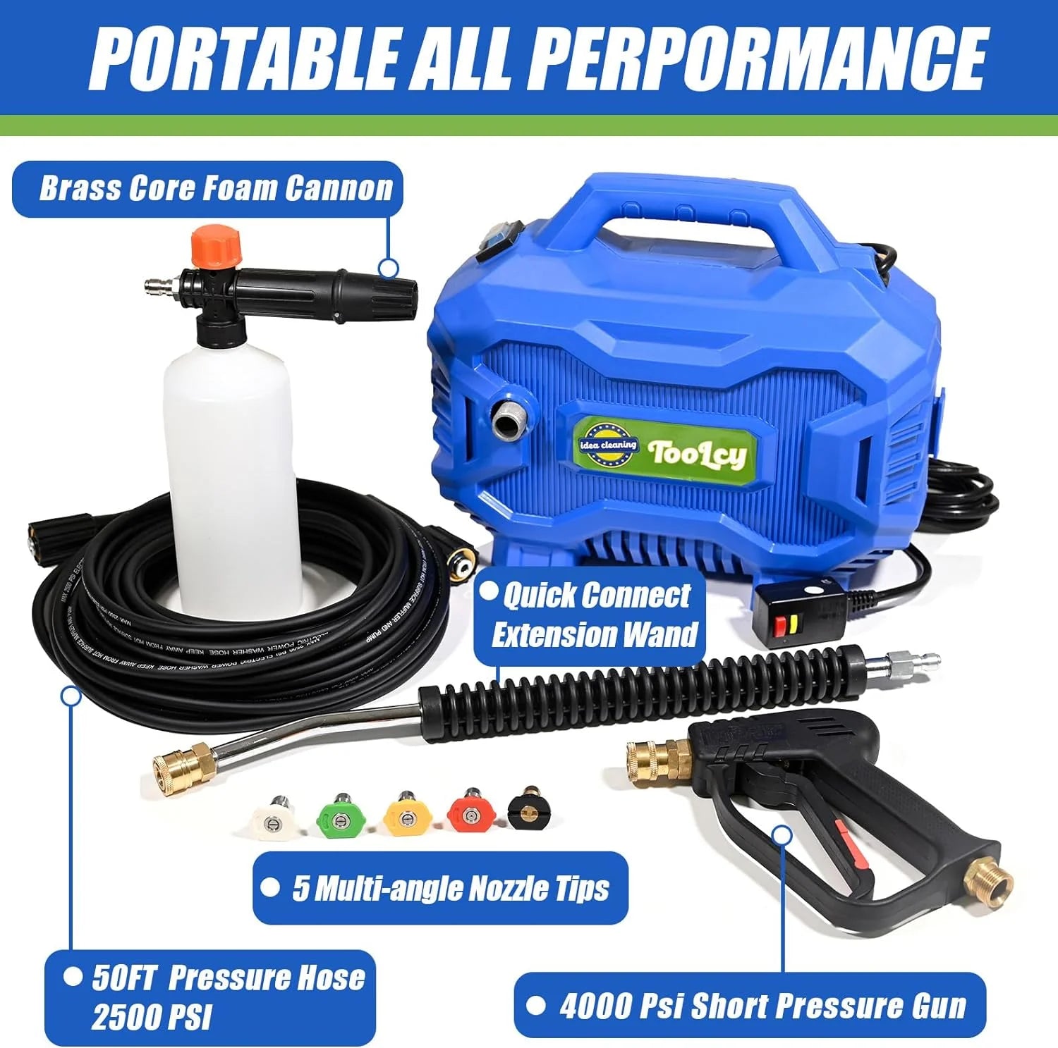 Pressure Washer 2030 PSI Max, Power Washer Electric Powered, 50FT Pressure Hose, Short Gun & Extension Wand, Foam Cannon, 5 Nozzles, Cars Patios Washer