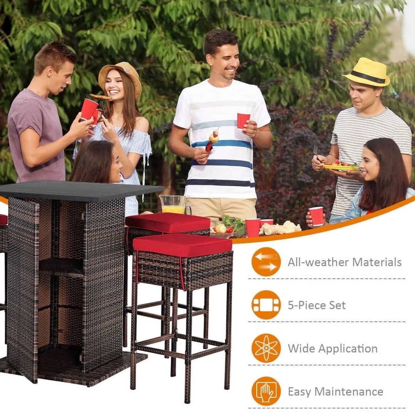 Aimee Lii 5 Pieces Patio Rattan Bar Table Stool Set Hidden Storage Shelf Cushioned, Outdoor Patio Furniture, Red