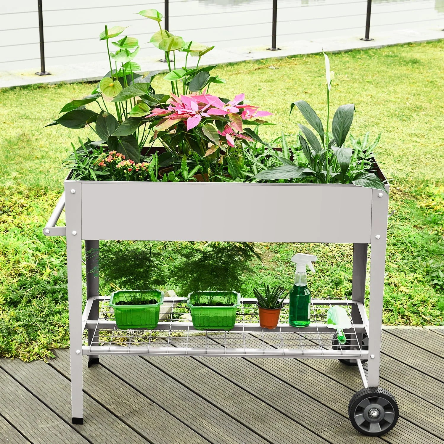 Pushable Grey Metal Raised Garden Bed, Outdoor/Indoor Garden Pots with Handles, Wheels and Shelves, Apartment Patio Stand for Vegetables Flowers Fruits from EXCITED WORK-37.5 inches Long