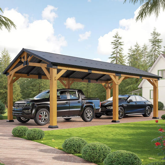 Jocisland 12'x24' Cedar Wood Hardtop Gazebo with Waterproof Outdoor Carport Pavilion,Steel Roof,Heavy-Duty Snow & Wind Resistant Canopy for Patio, Driveway, Garden