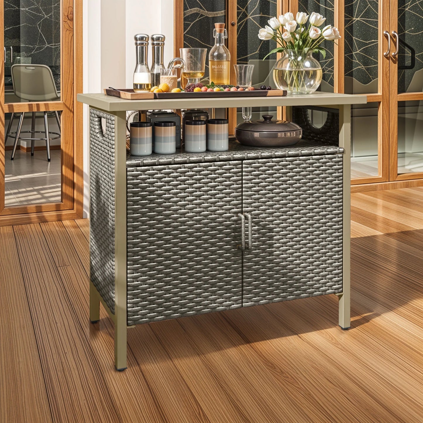 Dextrus Outdoor Patio Wicker Bar Counter Table, Wicker Storage Cabinet with with 2 Doors and Shelves, Wicker Bar Table,Deck Box - Brown