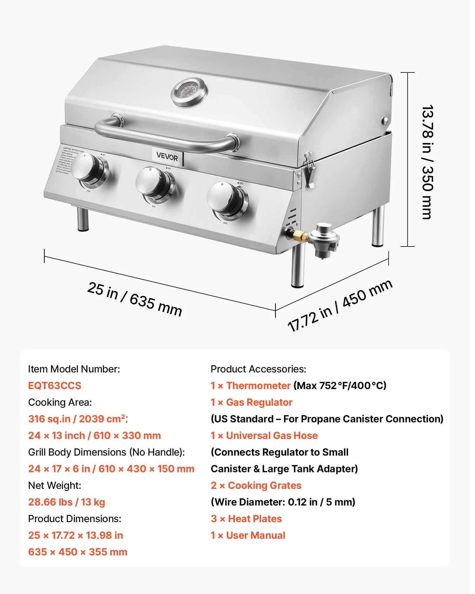 VEVOR Tabletop Gas Grill, 3-Burner Stainless Steel Portable Propane Grill, with Built-in Thermometer, Travel Locks, Weatherproof Lid, 22,500 BTU Total, for Outdoor Cooking,Patio,Party,Camping,RV