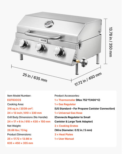 VEVOR Tabletop Gas Grill, 3-Burner Stainless Steel Portable Propane Grill, with Built-in Thermometer, Travel Locks, Weatherproof Lid, 22,500 BTU Total, for Outdoor Cooking,Patio,Party,Camping,RV