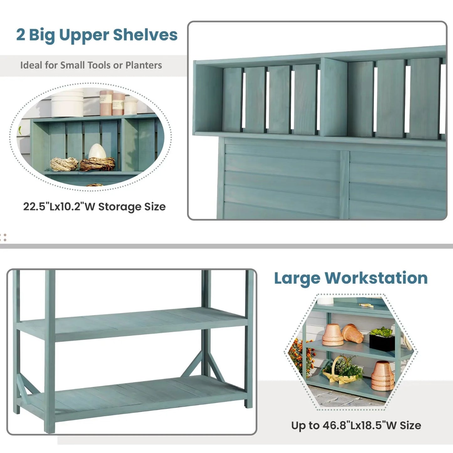 65" Outdoor Potting Bench Table, Farmhouse Wooden Garden Patio Workstation with 4 Storage Shelves and 3 Side Hooks, Multifunctional Potting Planting Table for Mudroom, Backyard, Natural