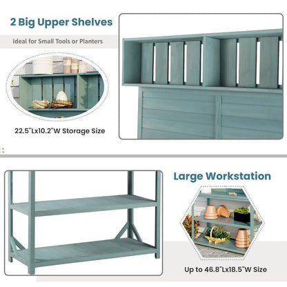65" Outdoor Potting Bench Table, Farmhouse Wooden Garden Patio Workstation with 4 Storage Shelves and 3 Side Hooks, Multifunctional Potting Planting Table for Mudroom, Backyard, Natural