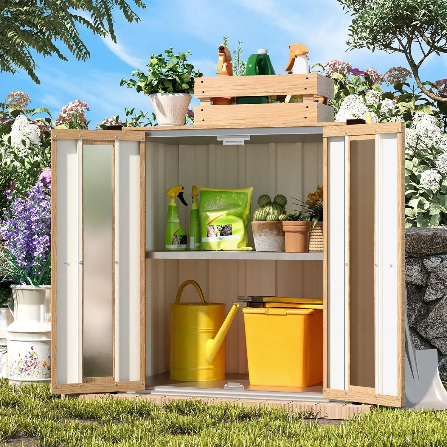 AECOJOY Small Outdoor Storage Cabinet Waterproof with Shelves, Deck Box, Vertical Garden Storage Sheds, Garden Sheds & Outdoor Storage Cabinet Weatherproof for Patio Wood Grain