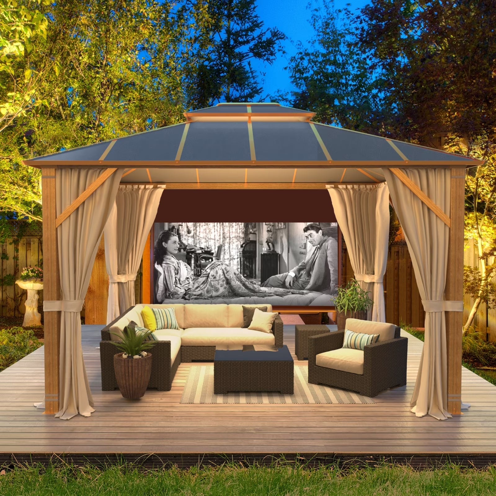 Erommy Hardtop Gazebo, Waterproof Aluminum Pavilion with Netting & Curtains for Patio, Garden Dusty Blue 10'x12'