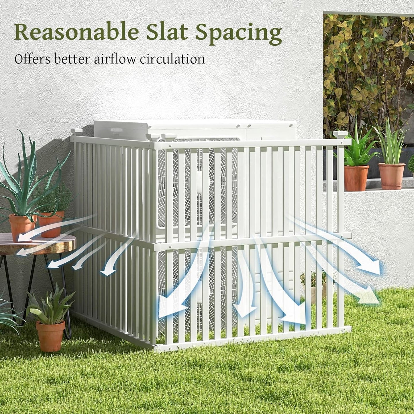 SAZYY 2 Panels Air Conditioner Fence, 45 in. W x 45 in. H Garden Fence, Vinyl Trash Can Pool Equipment Enclosure w/Metal Ground Stakes, Outdoor Privacy Fence Screen for Garden Patio Lawn AC Unit, White