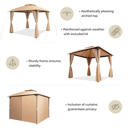 LAUSAINT HOME 10'x10' Patio Gazebo with Privacy Screens & Anchoring Kit, Outdoor Double Roof Metal Frame Gazebo in Khaki