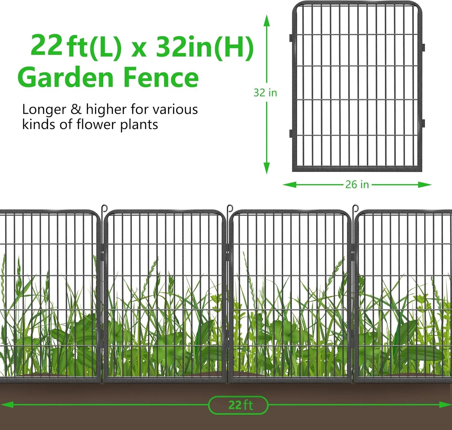 Jhsomdr Garden Fence Outdoor 22ft(L)32in(H) No Dig Fence Panels with Gate, 10 Panels Decorative Garden Fencing Metal Animal Barrier Fence Flower Bed Fencing for Patio Backyard