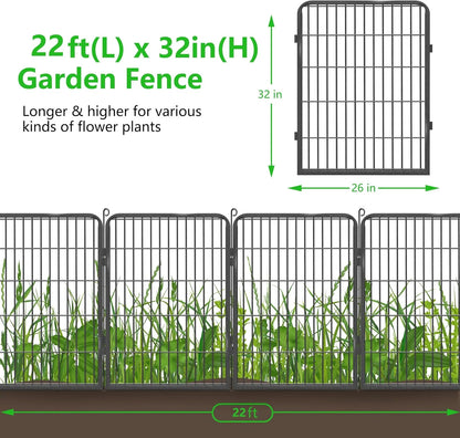 Jhsomdr Garden Fence Outdoor 22ft(L)32in(H) No Dig Fence Panels with Gate, 10 Panels Decorative Garden Fencing Metal Animal Barrier Fence Flower Bed Fencing for Patio Backyard