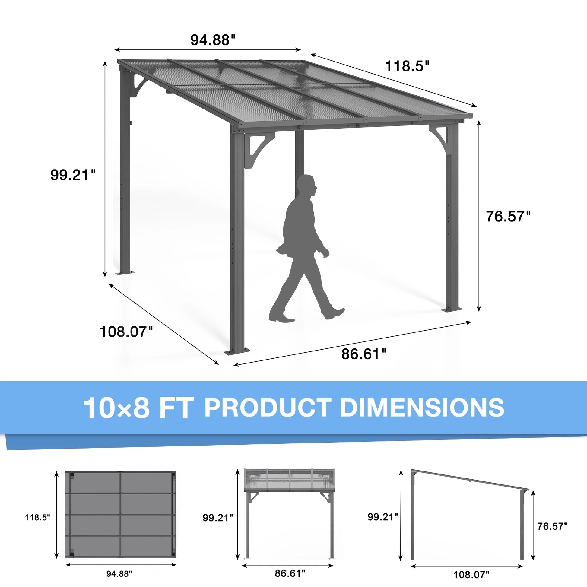 MUCHANT 10x8 FT Gazebo, Splicable Wall Mounted Gazebo & Pergola with Aluminum Frame, Awnings for Patio, for Backyard, Deck, Gray