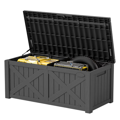 Uforic Outdoor 120 Gallon Large Resin Deck Box, Outdoor Storage Boxes with X-Shaped Front, for Patio Garden, Waterproof & Lockable, Light Brown