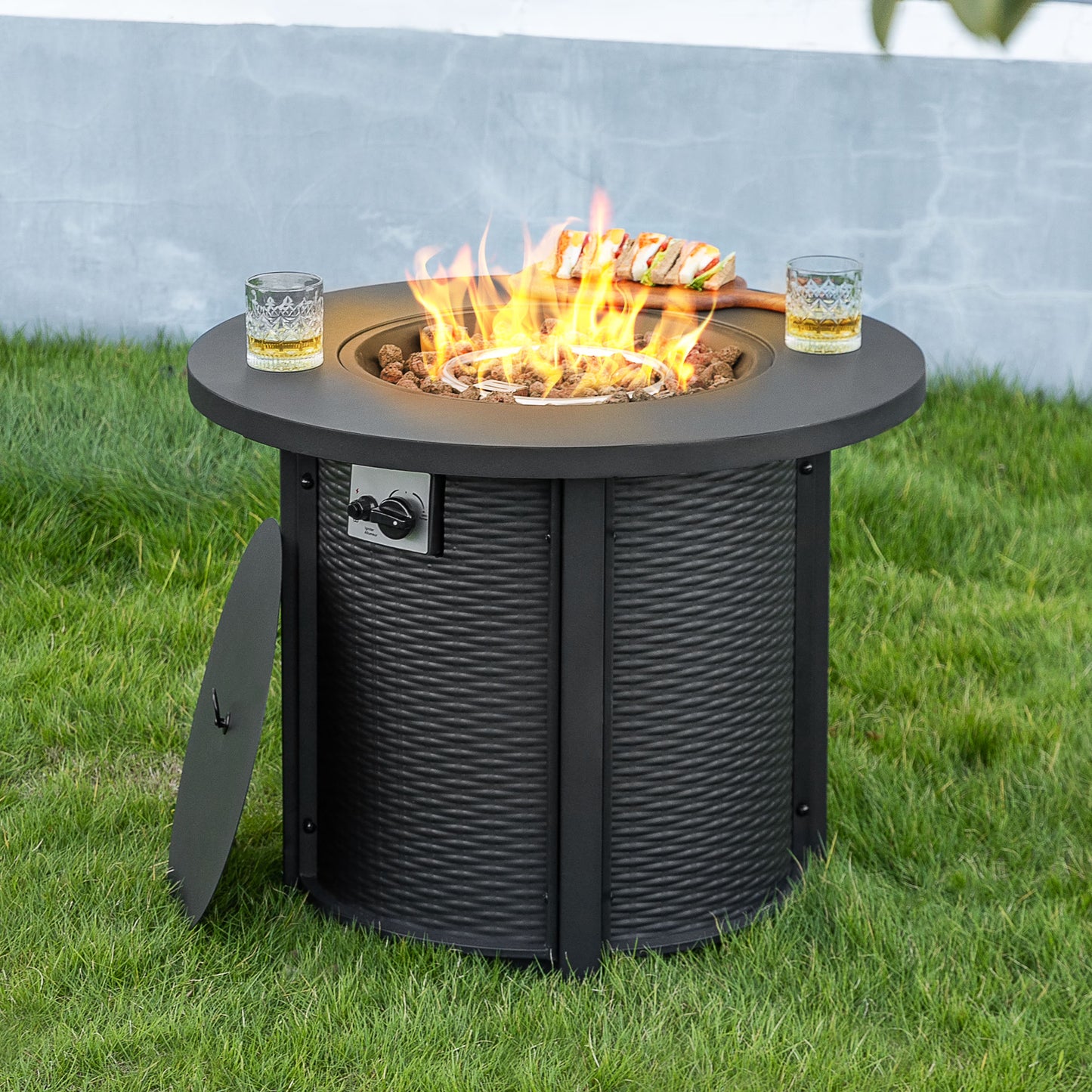 Nuu Garden Outdoor Metal 30'' Round Propane Fire Pit Table with Rattan Embossed Pattern, CSA-Certified 2 in 1 Round Gas Fire Pit Table with Lid & Lava Rocks, Patio Round Gas Fire Pit, Black