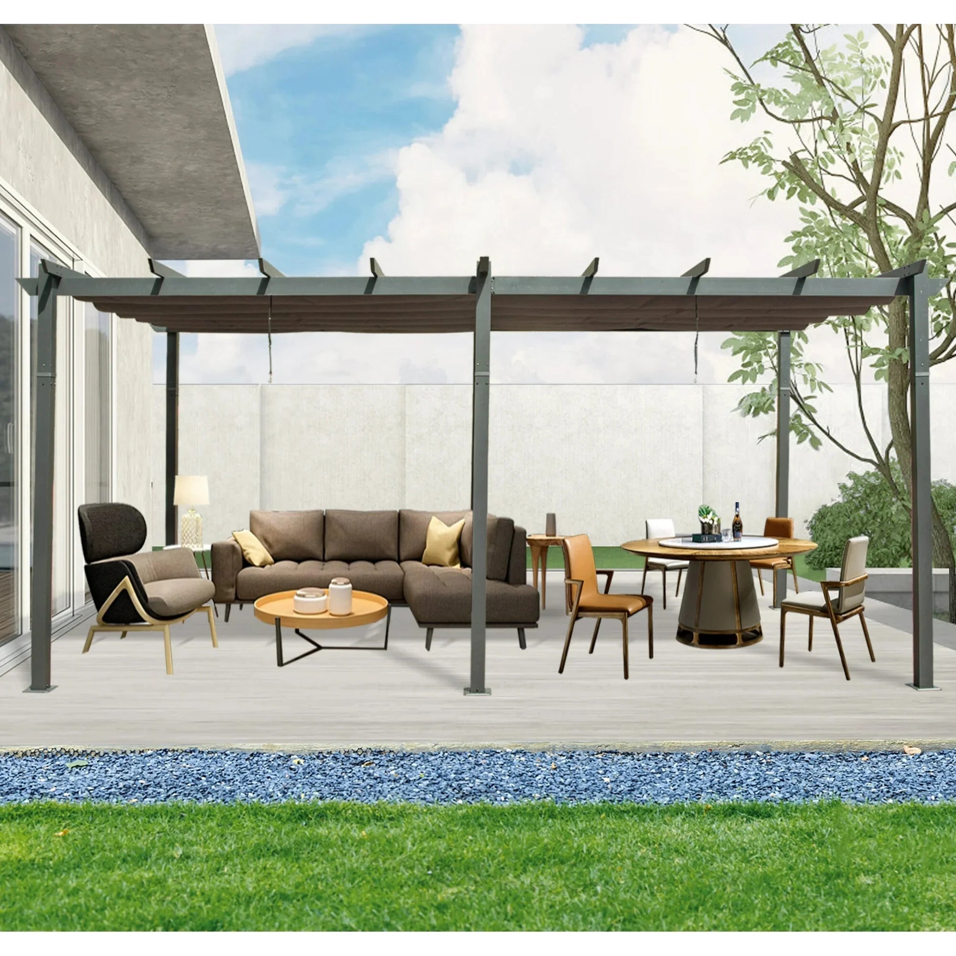 Domi Outdoor Living 11' X 20' Outdoor Pergola with Retractable Canopy Aluminum Shelter Sun Shade Beach Pavilion Grape Trellis Grill Gazebo for Patio, Backyard and Lawn, Gray