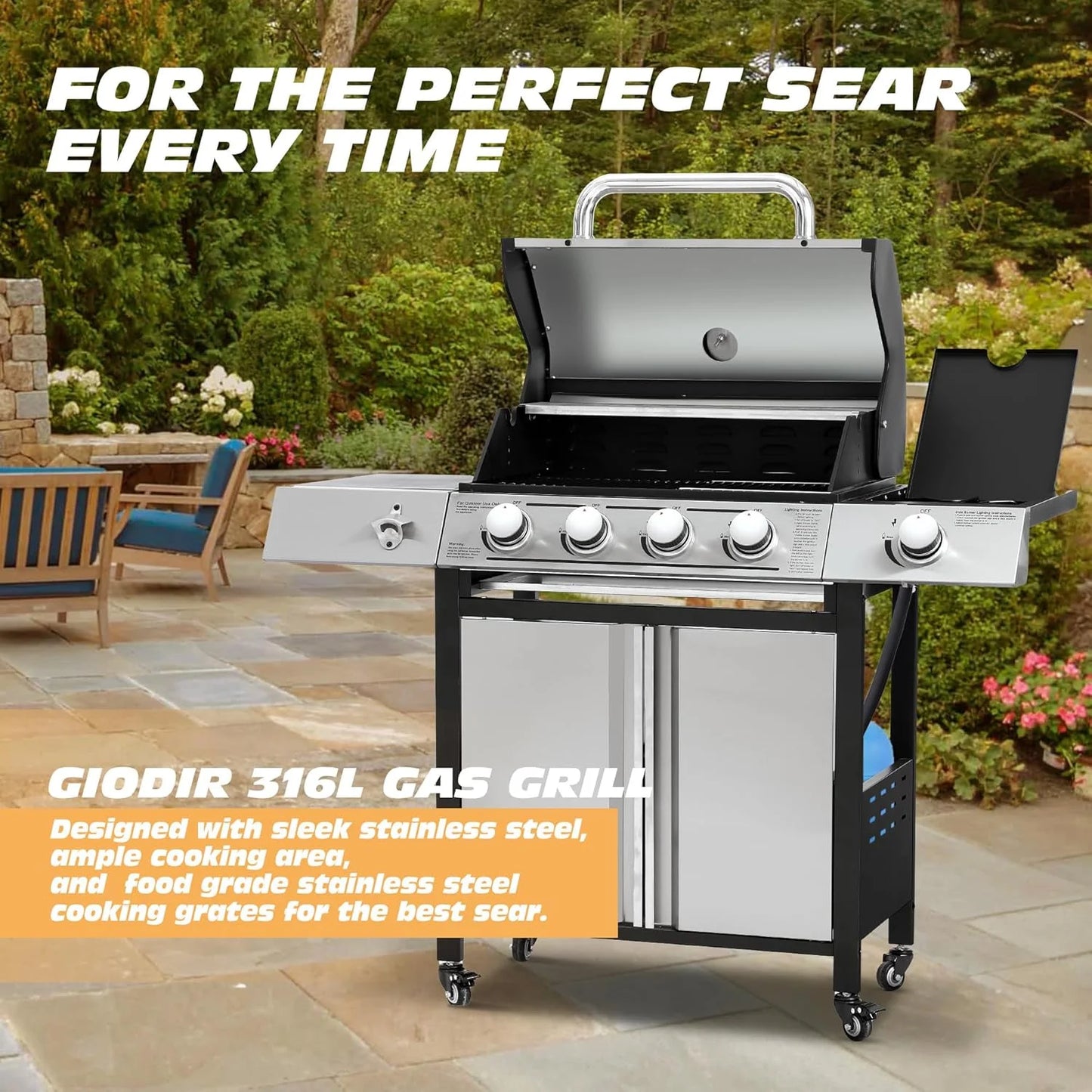 Haverchair 4-Burner Gas BBQ Grill, Cast Iron Barbecue Gas Grill with Side Burner and Bottle Opener for Outdoor Patio Garden Picnic Backyard Cooking, 50,000BTU Black
