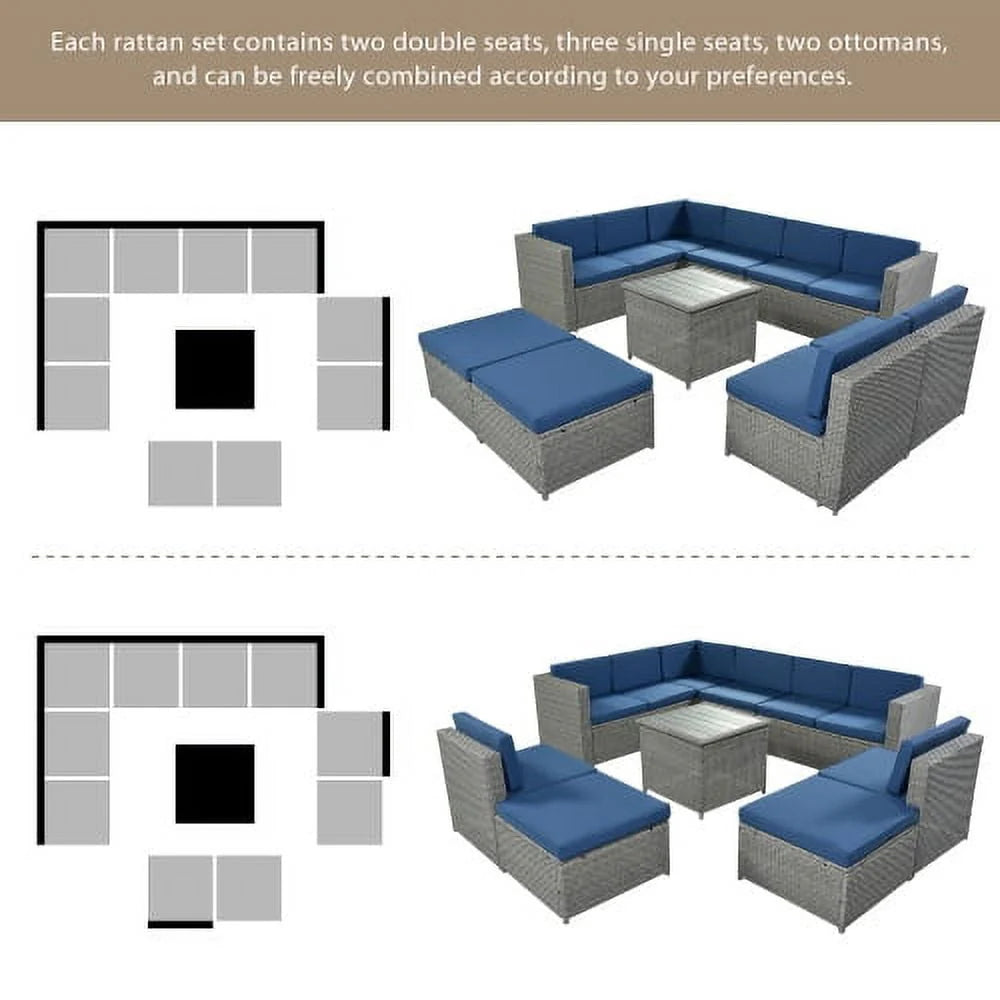 CHURANTY 9 Pieces Patio Furniture Set Outdoor Conversation PE Wicker Rattan Sectional Sofa, Coffee Table and Ottoman