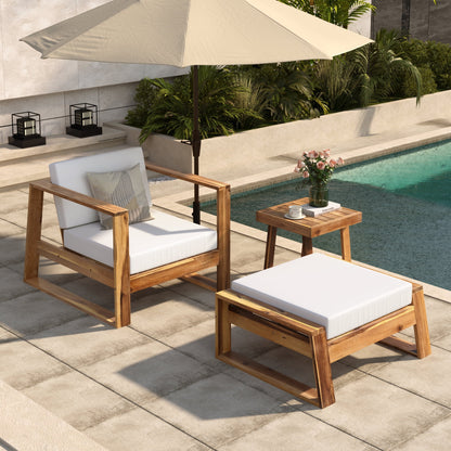 Harper & Bright Designs Wood Outdoor Lounge Chair & Ottoman Set, Modern Patio Seating Chaise with Solid Wood Frame & Water-Resistant for Backyard Poolside Garden, Natural+Beige