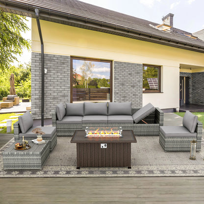 HOMREST 7 Pieces Outdoor Patio Furniture Set with 44" Propane Fire Pit Table, PE Rattan Sectional Sofa Conversation Set w/Adjustable Bracket,Wood Coffee Table for BackyardGrey