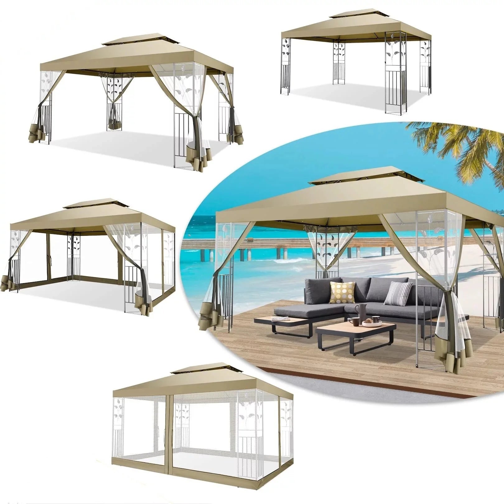 Hoteel 10'x 13' Metal Patio Gazebo, Outdoor Gazebo Canopy Tent for Backyard with Mosquito Netting, Gazebos Shelter with Steel Frame, Patio Covers for Shade and Rain, Khaki