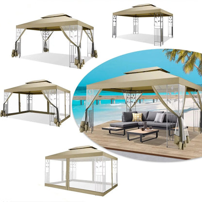Hoteel 10'x 13' Metal Patio Gazebo, Outdoor Gazebo Canopy Tent for Backyard with Mosquito Netting, Gazebos Shelter with Steel Frame, Patio Covers for Shade and Rain, Khaki