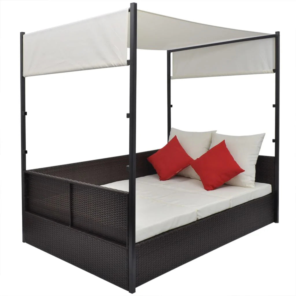 vidaXL Patio Bed Outdoor Patio Double Chaise Lounge with Canopy Poly Rattan