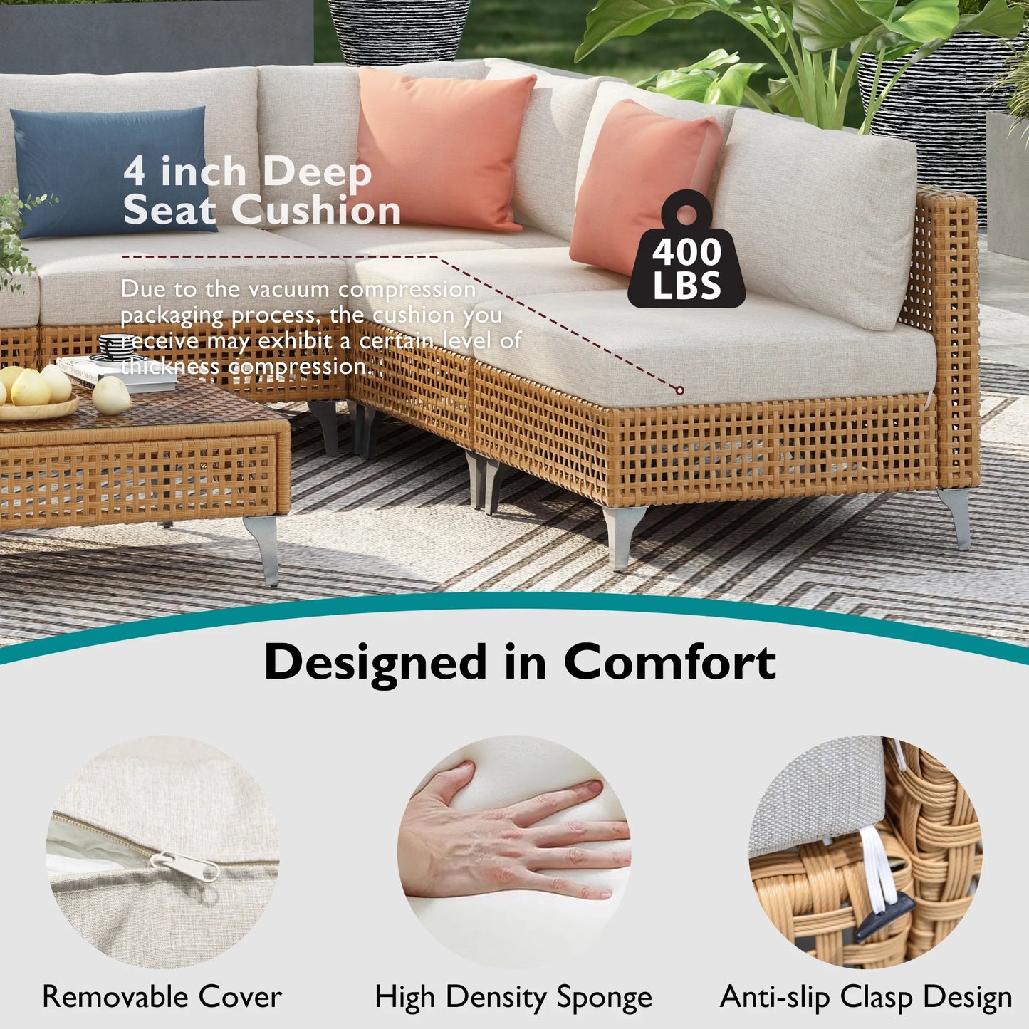 7 Pieces Patio Furniture Set, Wicker Sectional Table and Chairs Sets, Patio Conversation Set with Sectional Chaise Longue, Coffee Table, Suitable for Porch Backyard Garden, Beige