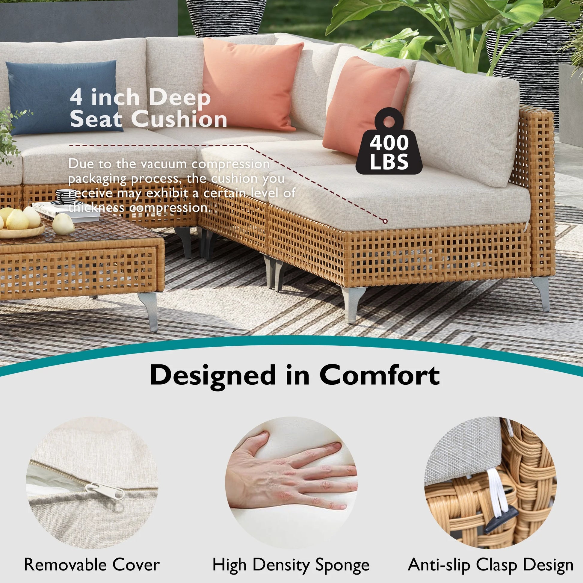 7 Pieces Patio Furniture Set, Wicker Sectional Table and Chairs Sets, Patio Conversation Set with Sectional Chaise Longue, Coffee Table, Suitable for Porch Backyard Garden, Beige