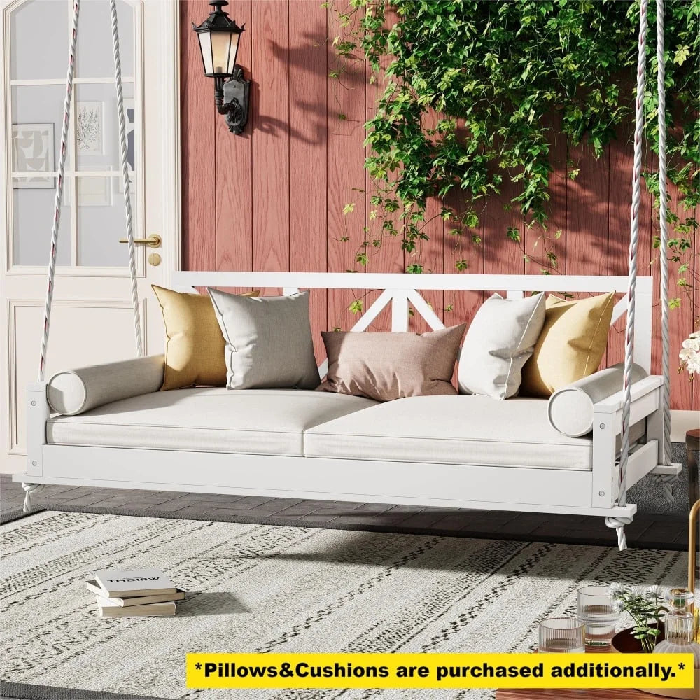 Patio Twin Size Swing Bed, A-cacia Wood Porch Swing Daybed with Hemp Ropes, Safe Sloped Design, Patio Hanging Swing Sofa Bed for Backyard, Garden, Pool, White