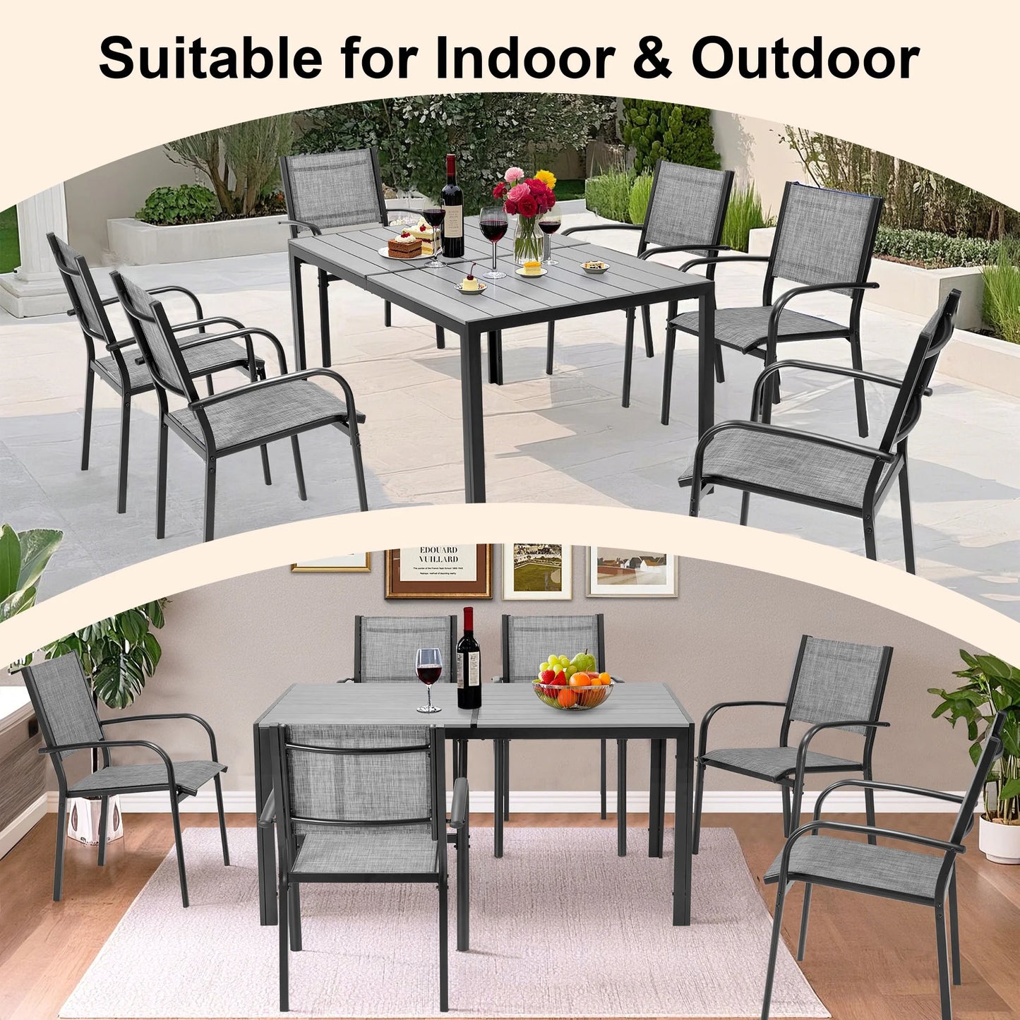 Patio Dining Set of 7, Outdoor Table and Chairs Textilene Design, Patio Furniture with Rectangle Plastic-wood Table, Space-saving Dining Table Set Stackable Design, Gray