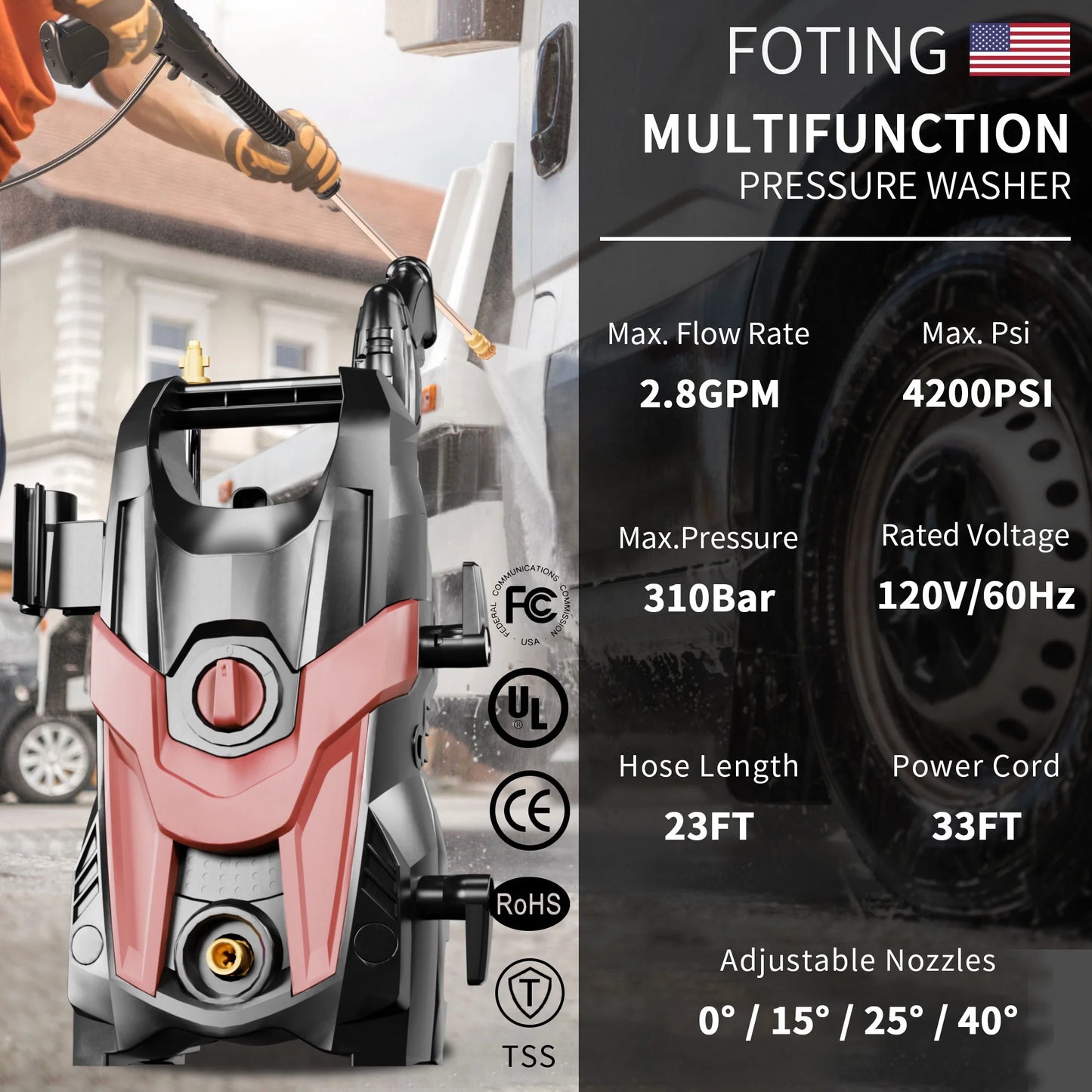 2024 Upgraded Electric Pressure Washer 4300 PSI 2.8 GPM Power Washer with Extra Hose, 23ft Hose 35ft Power Cord, 4 Nozzle and Detergent Tank for Cars, Fences, Patio