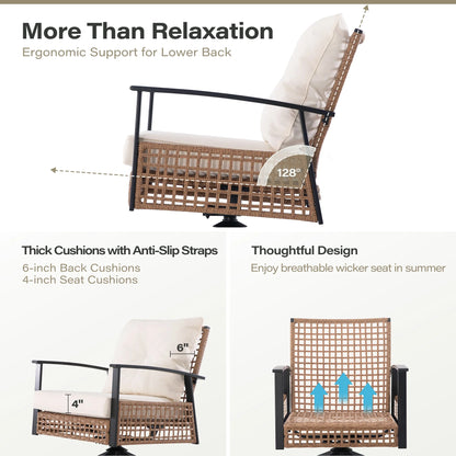 LAUSAINT HOME 3 Pieces Patio Outdoor Furniture Set with 2-Tier Coffee Table, PE Wicker Swivel & Rocking Chairs with Beige Cushions