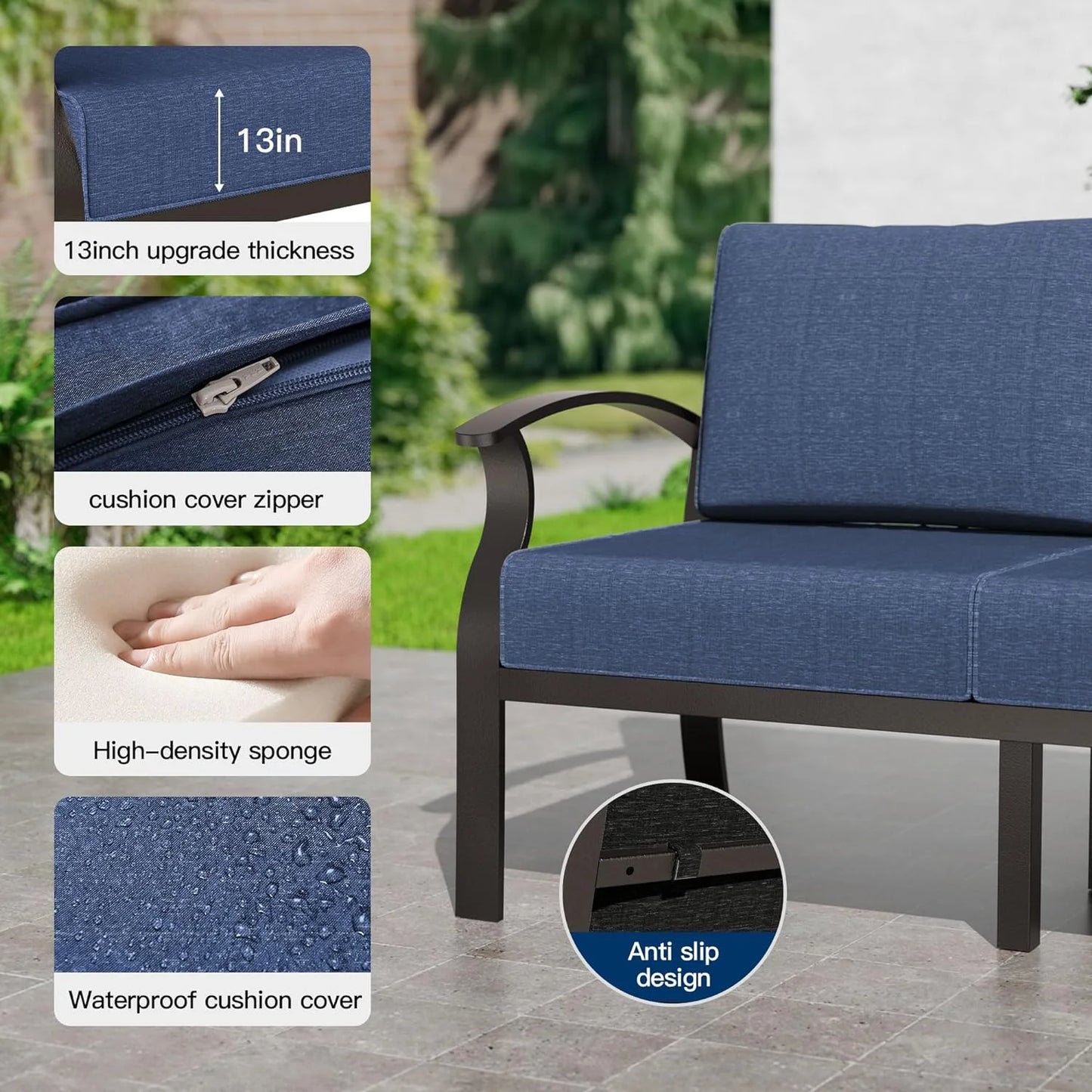 Gotland Aluminum Patio Furniture Set,7 Pieces 10 Seat Metal Outdoor Furniture Conversation Set w/Swivel Chairs,Navy Blue