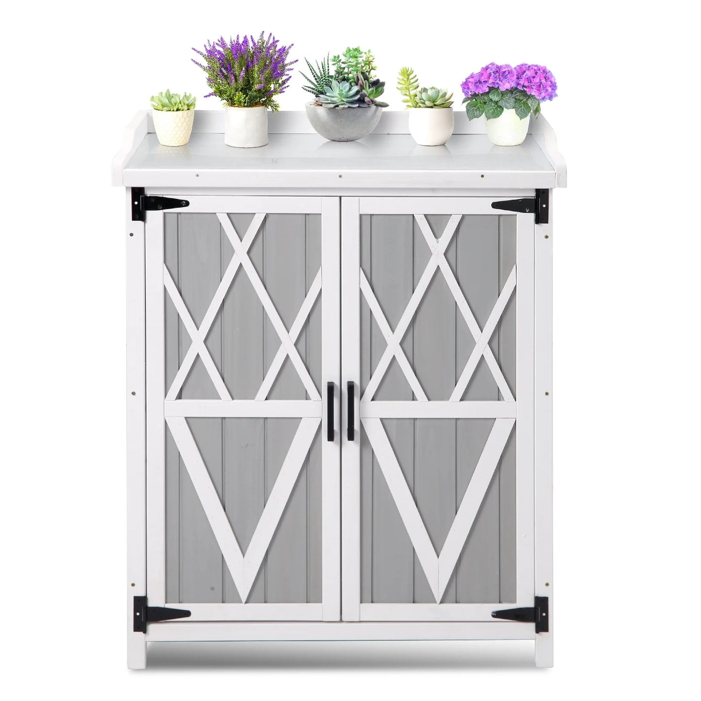 AOILE Potting Bench Outdoor Cabinet with Metal Tabletop Wooden Storage Cabinets Weatherproof for Outside Planting Work Benches with Adjustable Shelf and Doors for Garden Patio Lawn