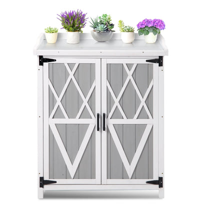 AOILE Potting Bench Outdoor Cabinet with Metal Tabletop Wooden Storage Cabinets Weatherproof for Outside Planting Work Benches with Adjustable Shelf and Doors for Garden Patio Lawn