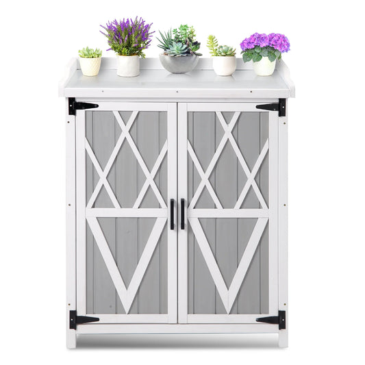 AOILE Potting Bench Outdoor Cabinet with Metal Tabletop Wooden Storage Cabinets Weatherproof for Outside Planting Work Benches with Adjustable Shelf and Doors for Garden Patio Lawn