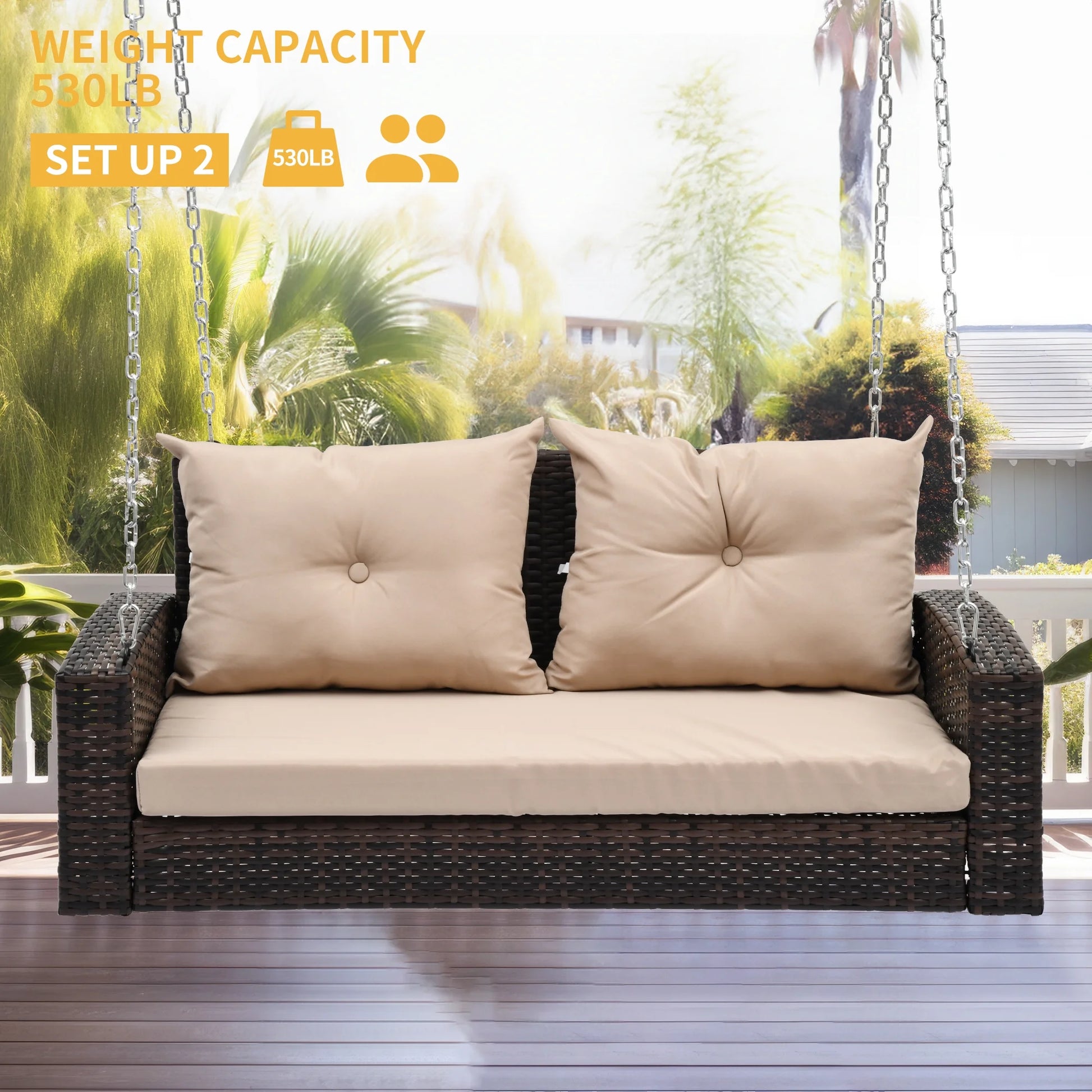 Dextrus Wicker Hanging Porch Swing Chair Outdoor Brown Rattan Patio Swing Lounge w/2 Back Cushions Capacity 530lbs for Garden, Balcony, Living Room, Beige