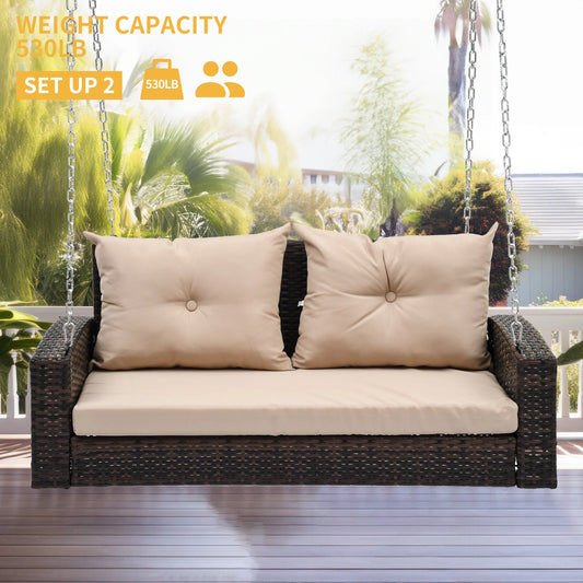 Dextrus Wicker Hanging Porch Swing Chair Outdoor Brown Rattan Patio Swing Lounge w/2 Back Cushions Capacity 530lbs for Garden, Balcony, Living Room, Beige