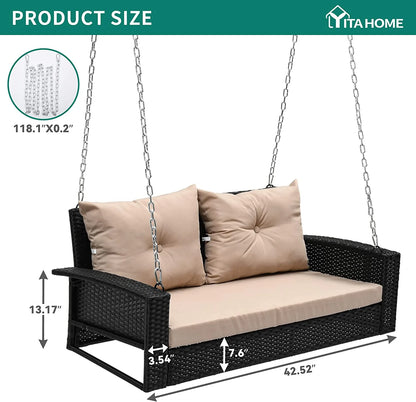 Craftian 2-Seats Wicker Hanging Porch Swing Chair Outdoor Black Rattan Patio Swing Lounge w/2 Back Cushions Capacity 770lbs for Garden, Balcony, Living Room, Beige