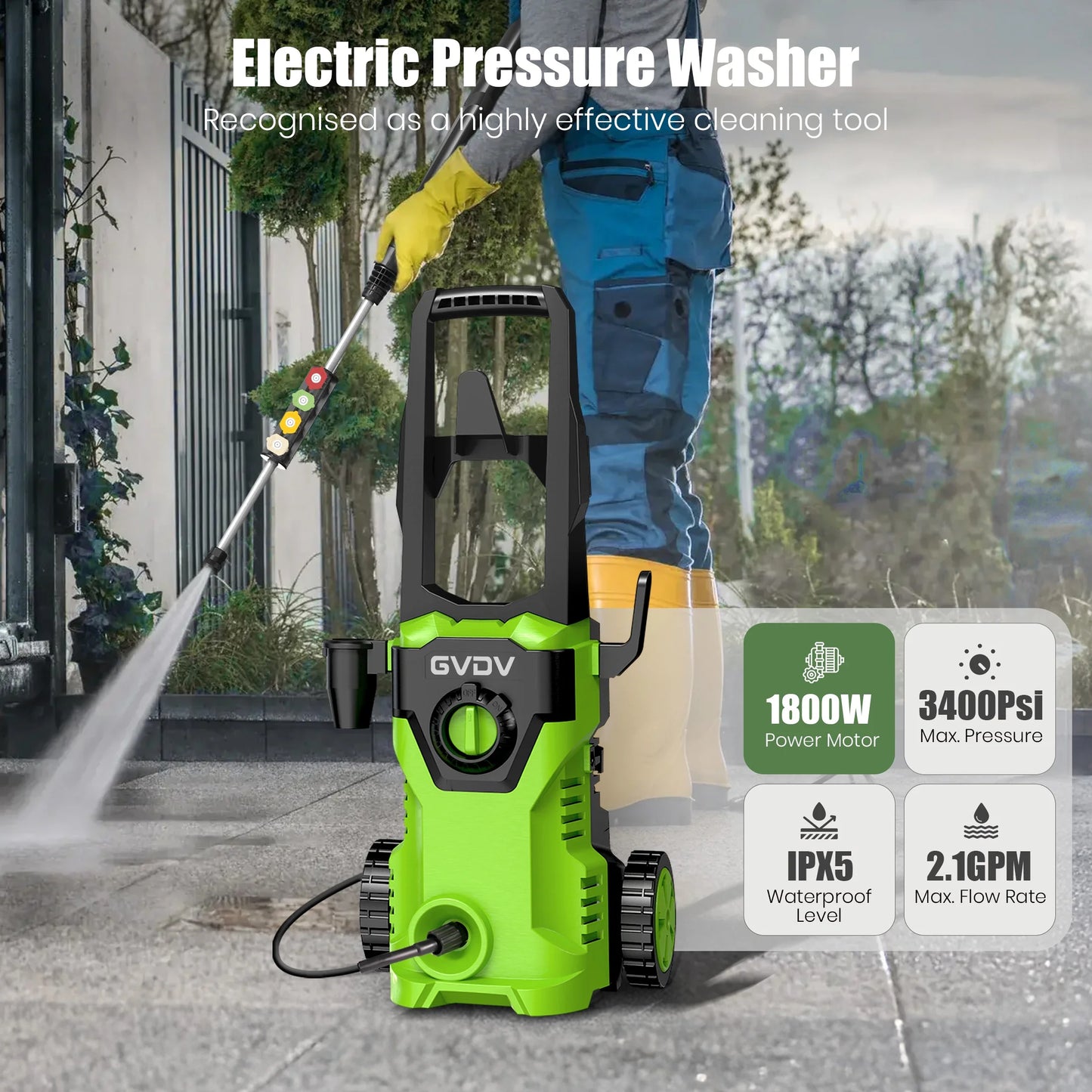 GVDV Electric Pressure Washer, 3400 PSI 2.1 GPM with Foam Cannon & 5 Nozzles, 26.4ft Cord & 24.6ft Hose Power Washer for Patios, Cars, Decks