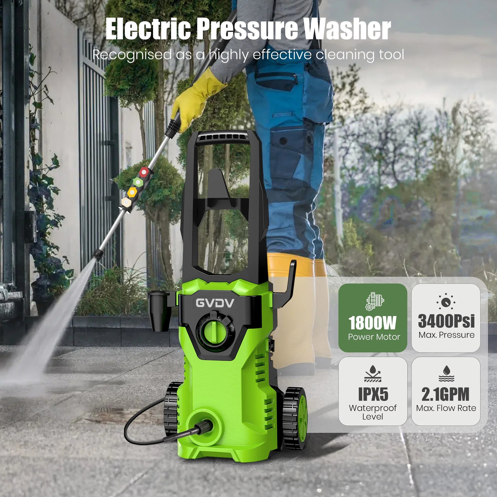 GVDV Electric Pressure Washer, 3400 PSI 2.1 GPM with Foam Cannon & 5 Nozzles, 26.4ft Cord & 24.6ft Hose Power Washer for Patios, Cars, Decks