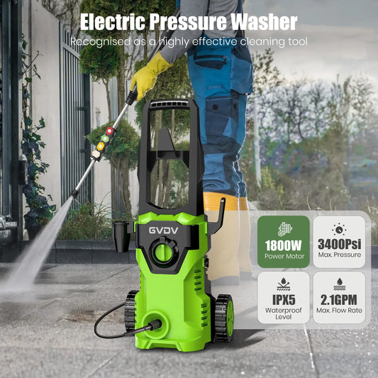 GVDV Electric Pressure Washer, 3400 PSI 2.1 GPM with Foam Cannon & 5 Nozzles, 26.4ft Cord & 24.6ft Hose Power Washer for Patios, Cars, Decks