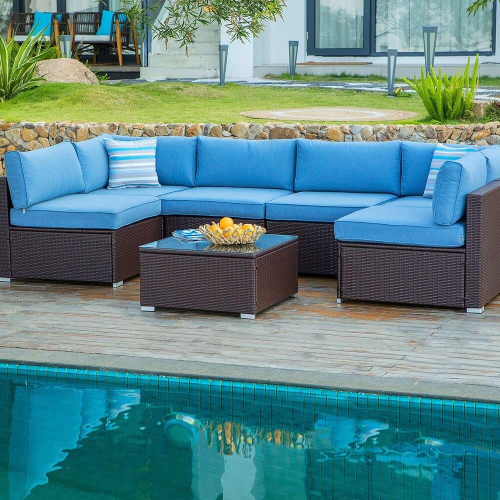 COSIEST 7-Piece 6-Seats Outdoor Brown Wicker Patio Sectional Sofa Set with Coffee Table